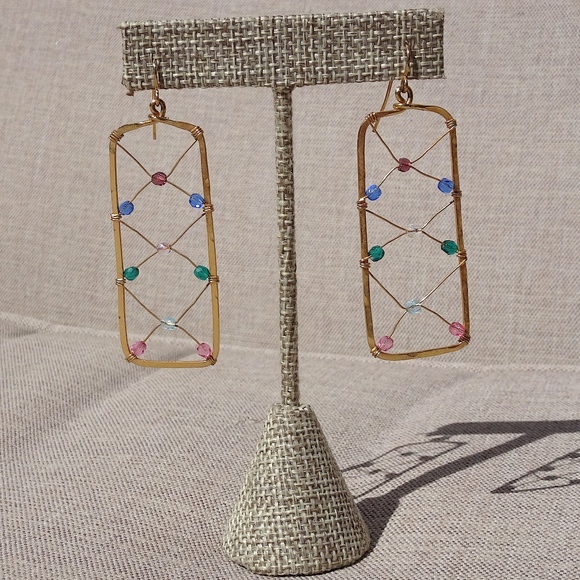 Golden Age Handcrafted Artisan Beaded Colorful Rectangle Big Statement Earrings - Picture 3 of 8